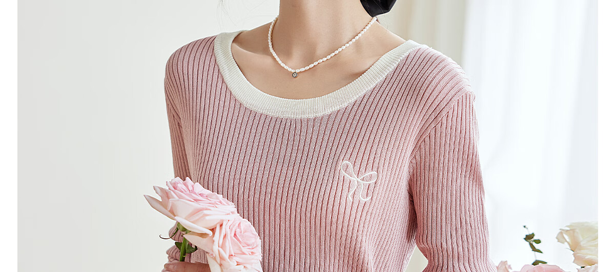 PinCai Women's Knit Sweater, Early Autumn Round Neck Bow Embroidery Knit Top, Slim-Fit Base Layer Sweater P143Z3009 25