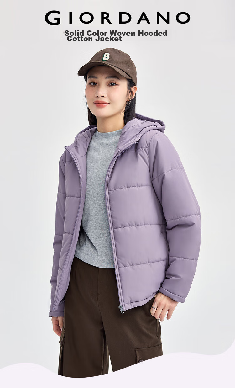 Giordano Women's Casual Jacket, Solid Color Simple Style Cotton Coat, Zipper Hooded Cotton Outerwear for Women, 05372731 3