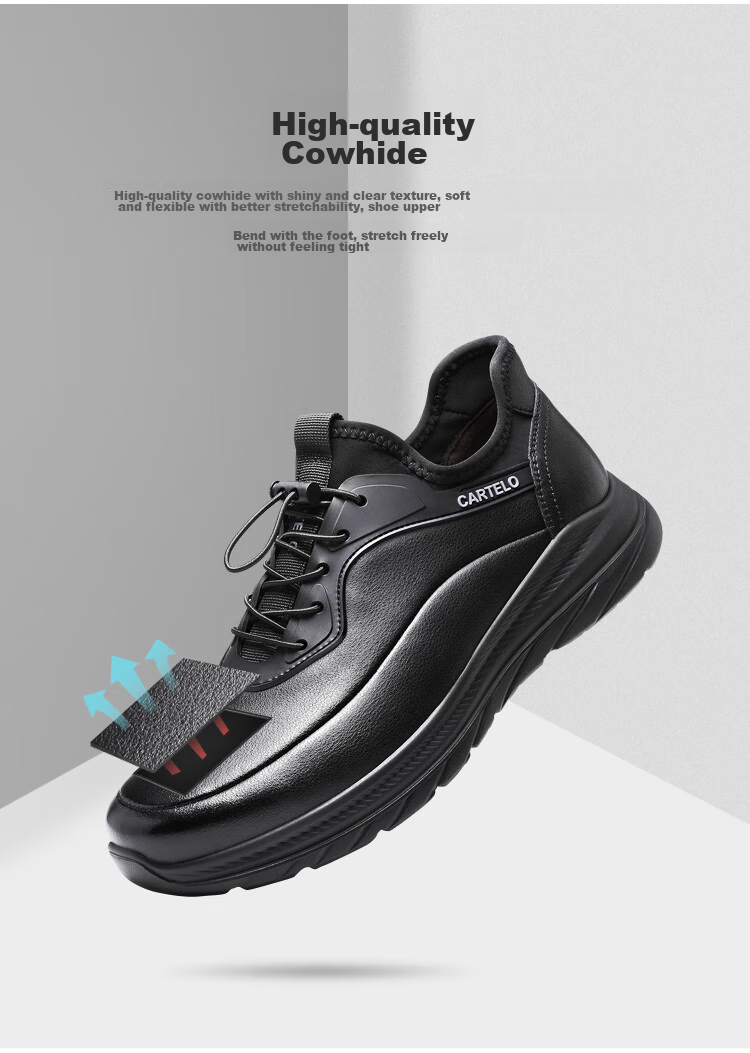 CARTELO Genuine Leather Men's Shoes, Business Casual Sports New Style, Autumn And Winter Soft Thick Sole Versatile Commuter Dad Shoes, Black Slip-O 21