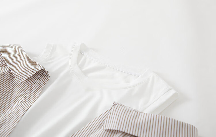 Dme Round Neck Cotton Faux Two-Piece Off-Shoulder Shirt, Plaid Patchwork Blouse, Women's Top, Off-White, M 10