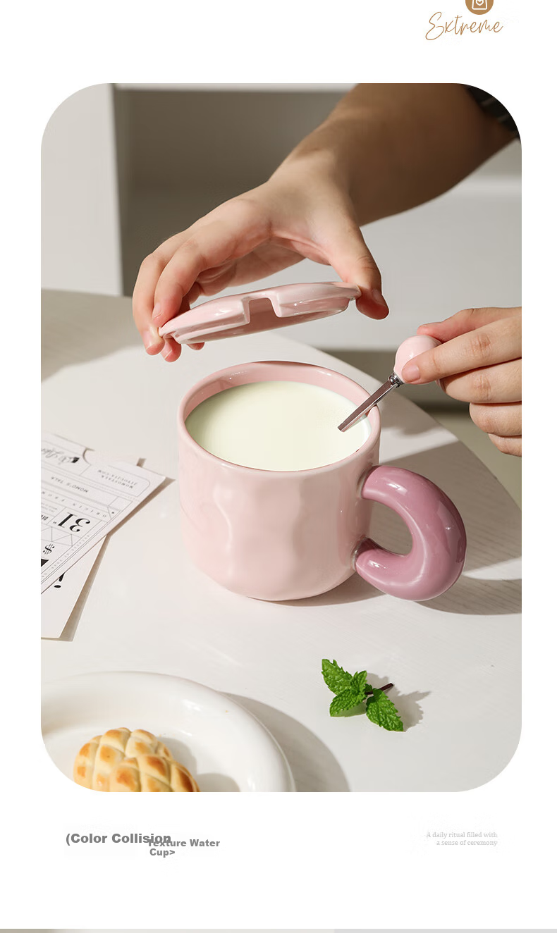 JIWUSENLIN Ceramic Mug with Spoon And Lid, Coffee Cup, Couple's Tea Cup, Dishwasher Safe, Yellow, 420ml 6