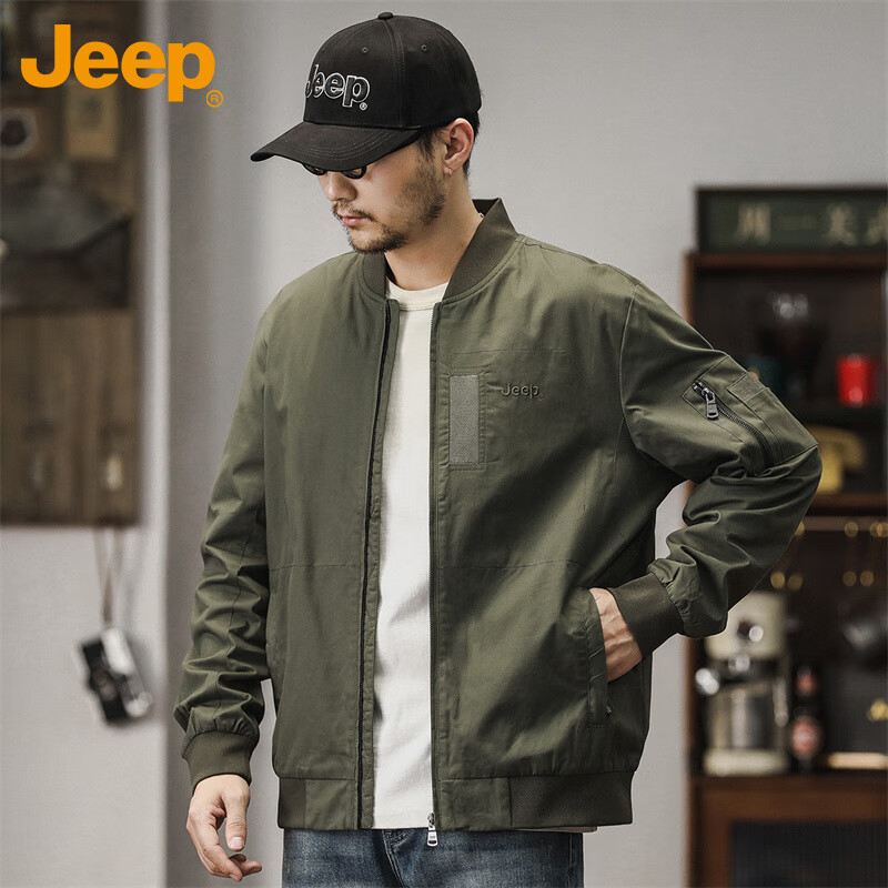 JEEP Men's Jacket, Spring And Autumn Workwear Baseball Collar Casual Clothing, Army Green, Size M