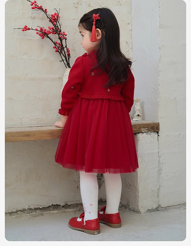 David Bella Girls' Sweater Dress Baby Traditional Style Mesh Skirt Winter Red Dress 9