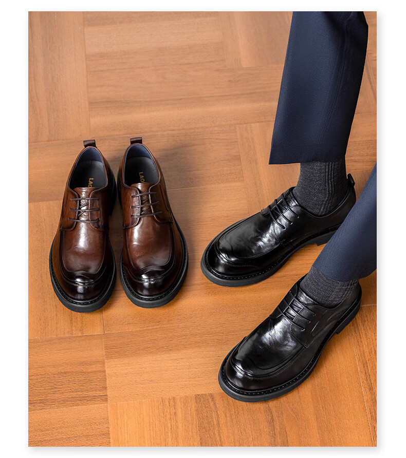 LAORENTOU Men's Leather Shoes, Business Formal Shoes, Thick-Soled Hand-Scratched Cowhide, Wide-Toe Derby Shoes, LA88 Black Size 40 10