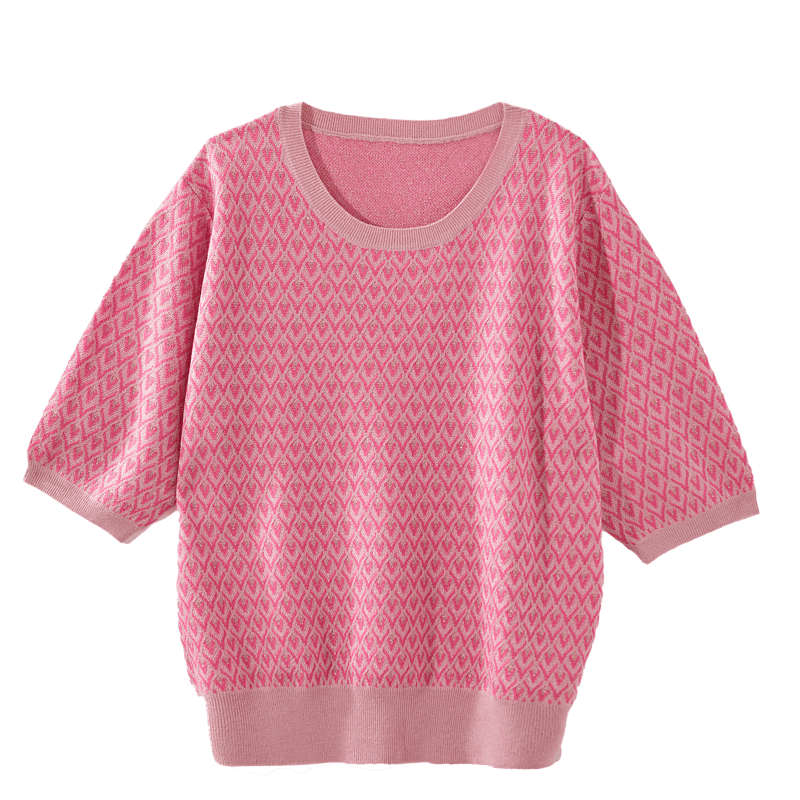 Dme [Dopamine Outfit] Summer New Girly Heart Round Neck Diamond Pattern Knit Sweater with Gold Jacquard Women's Top