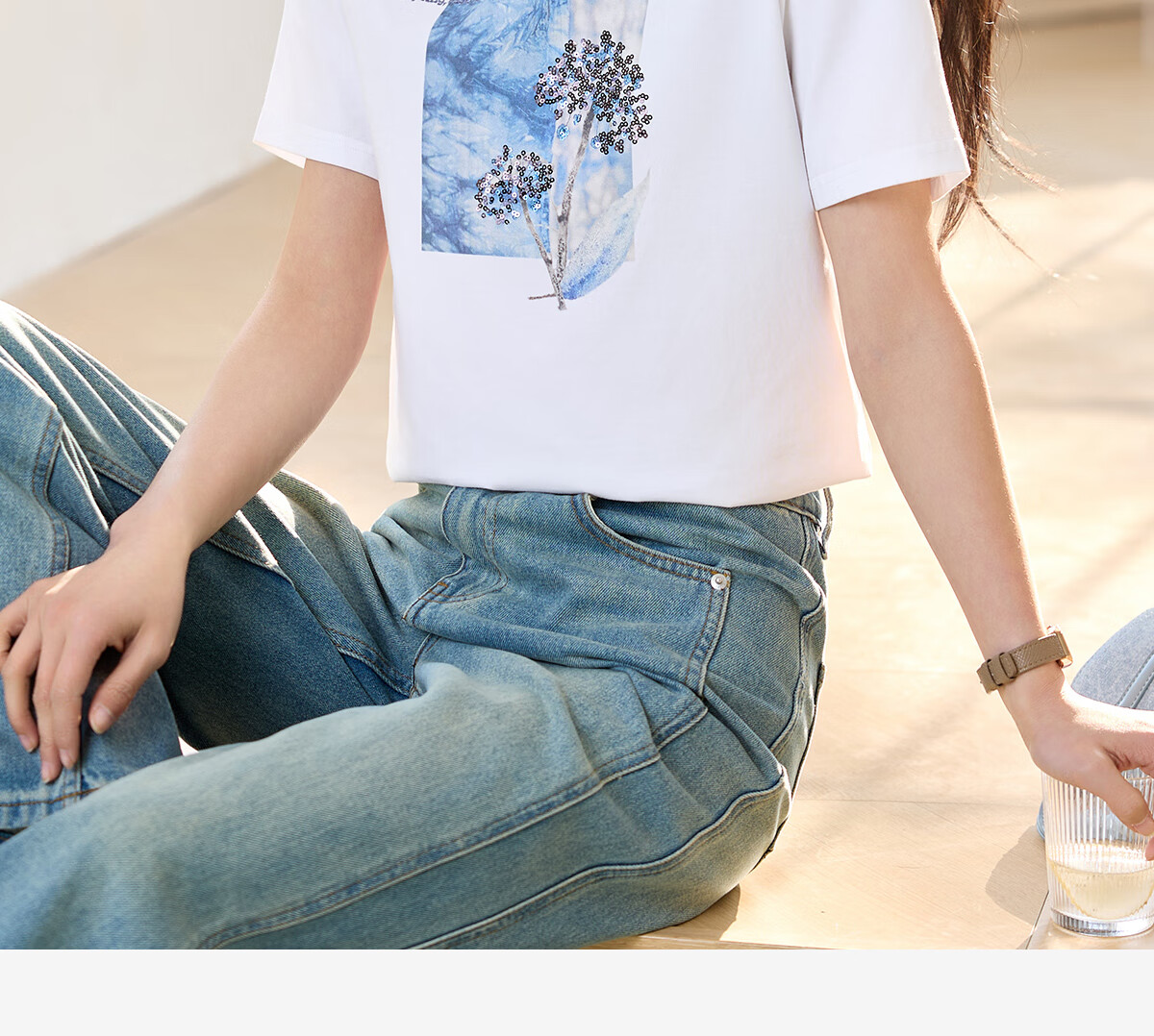 Chushen Summer Short-Sleeve T-Shirt for Women, Fashionable Round Neck, Heavy Embroidery with Sequins, Casual Top S52T029 17