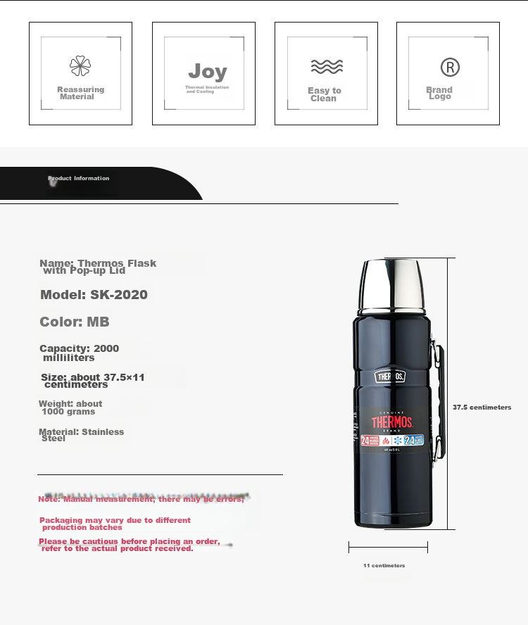THERMOS Insulated Bottle, 1200ml, for Men And Women, Travel Camping Large Capacity Water Bottle, Gift, Mid-Autumn Festival Present, TSK2-BK 2