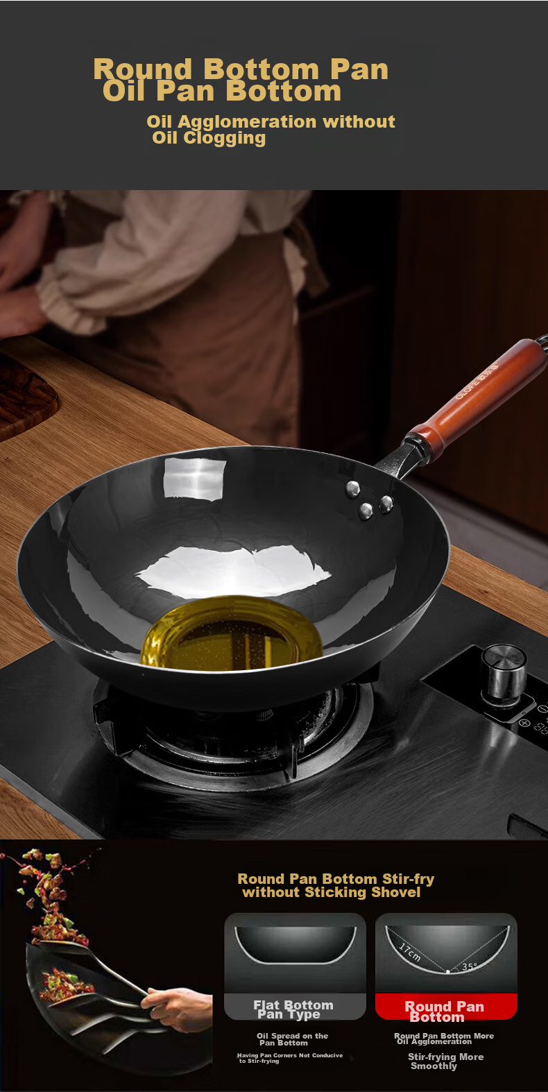 OLOFE Zhangqiu Black Iron Wok, Non-Coated, Lightweight, Round Bottom, Forged, Traditional Gas Stove, Large Stir-Fry Pan, Quiet Operation, 32cm 7