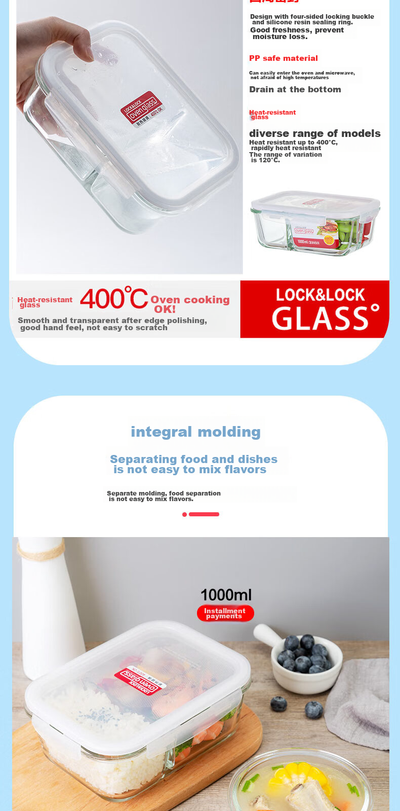 LOCK&LOCK Divided Glass Food Storage Containers Two-Piece Set, Microwave-Safe Lunch Boxes, with Bento Bag, 1L+380ml 5