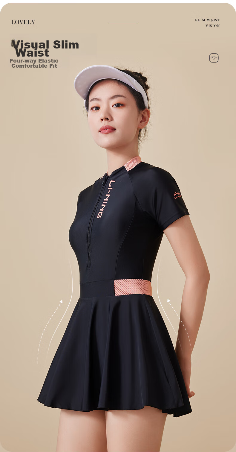 Li-Ning Women's One-Piece Dress-Style Swimsuit, Conservative Plus Size, Tummy Control, Hot Spring Swimwear, 0781, Black And Red, M 3