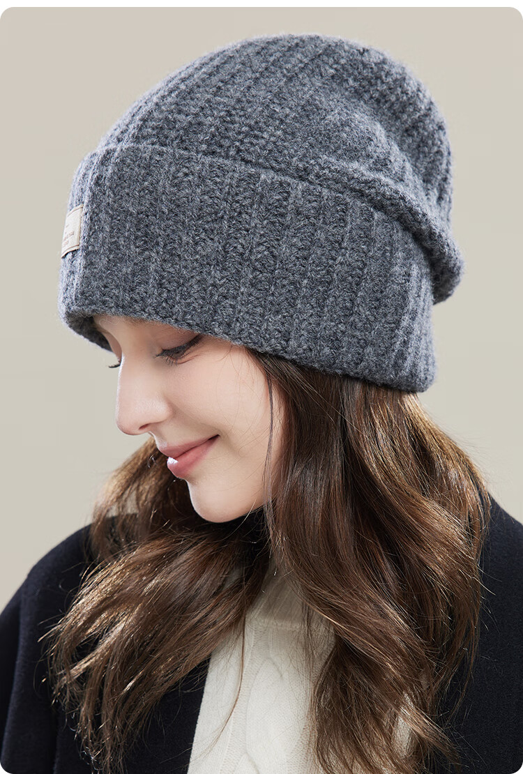 JIUMU Pure Wool Warm Knit Hat, Autumn And Winter Knitted Cap, Cold Hat, Winter Hat, Large Head Circumference Slouchy Hat, Cold-Proof Hat for Women in Winter 18