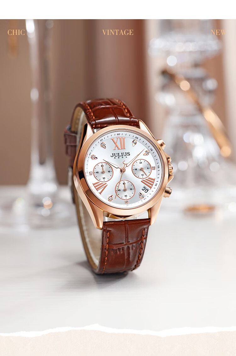 Julius Women's Watch with Calendar, Multifunctional Elegant Diamond-Studded Quartz Watch, Waterproof Ladies' Wristwatch, Brown JA-1482C 3