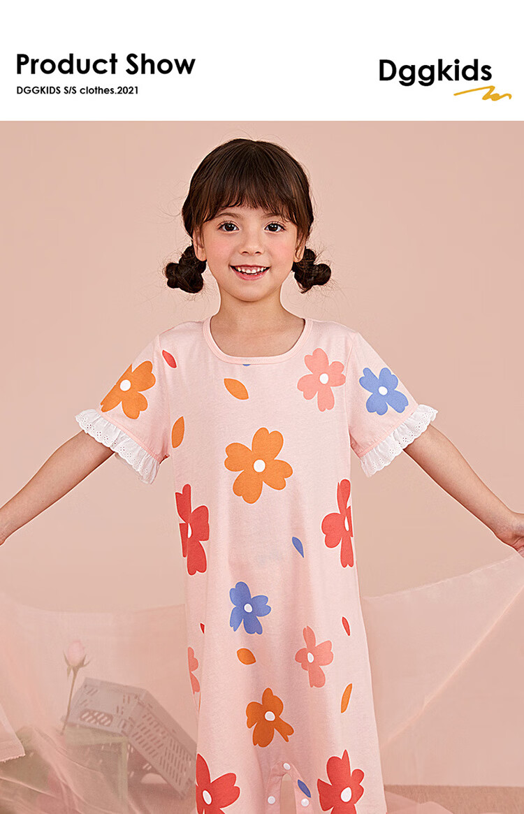 Dingguagua Top-Notch Girls' Cotton Short-Sleeve Nightgown, Summer Sleepwear for Older Children, Sweet Style One, Size 150 1