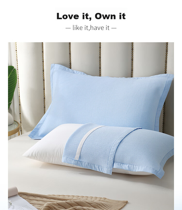 Zhuyibai Pure Cotton Waffle Pillowcase 1 Pair, Gauze Breathable Sweat-Absorbing Adult Pillowcase Non-Slip Fixed Blue 5