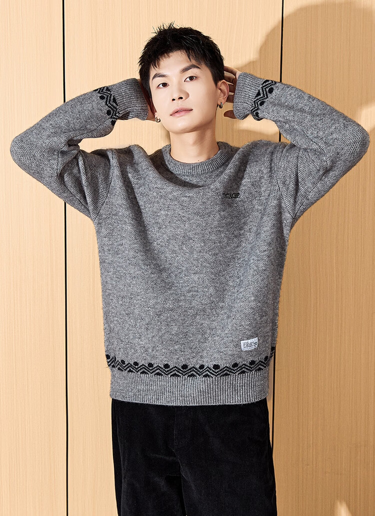 TonLion 2024 Men's Crew Neck Colorblock Pattern Knit Sweater Graphite Gray XL 1