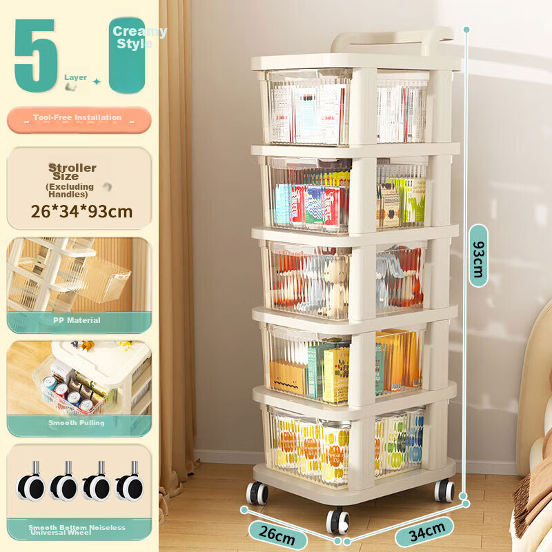 Shunyou Small Cart Storage Rack for Snacks And Baby Items, Drawer-Style Movable, Five Layers, Cream White SY-154