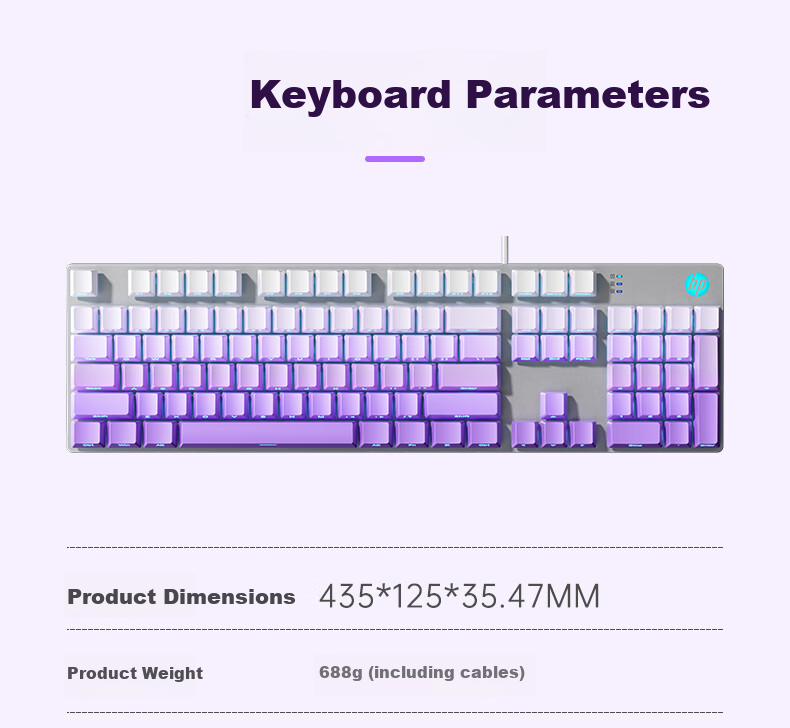 HP Mechanical Keyboard, Wired for Office And Gaming, Desktop And Laptop Use, Side-Engraved Gradient Purple And Blue Switches, 104 Keys 11