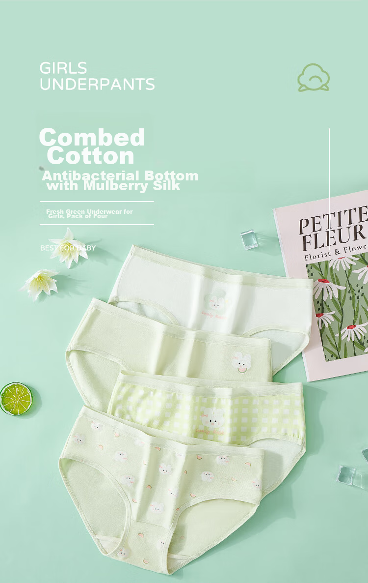 LangSha Children's Underwear, Girls' Antibacterial Triangle Panties, for Young And Older Girls, Green Rabbit Design, Size 160 1