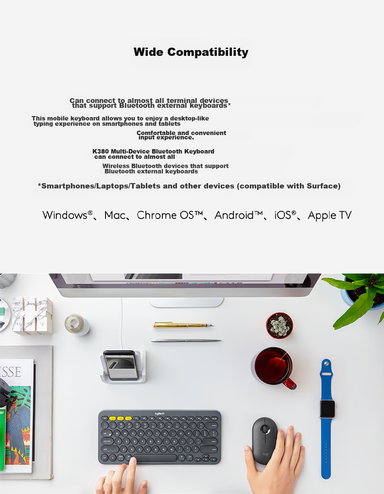 Logitech Stylish Series K390 Wireless Bluetooth Keyboard Ultra-thin Portable New Upgrade Blue 79 Keys 4