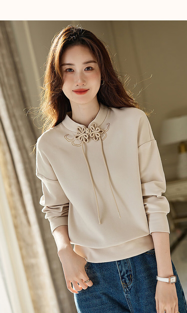 Dme [National Style New Chinese] Spring And Autumn Retro Stand Collar Exquisite Iron-On Disc Button Comfortable Air Layer Sweatshirt Women's Top 19