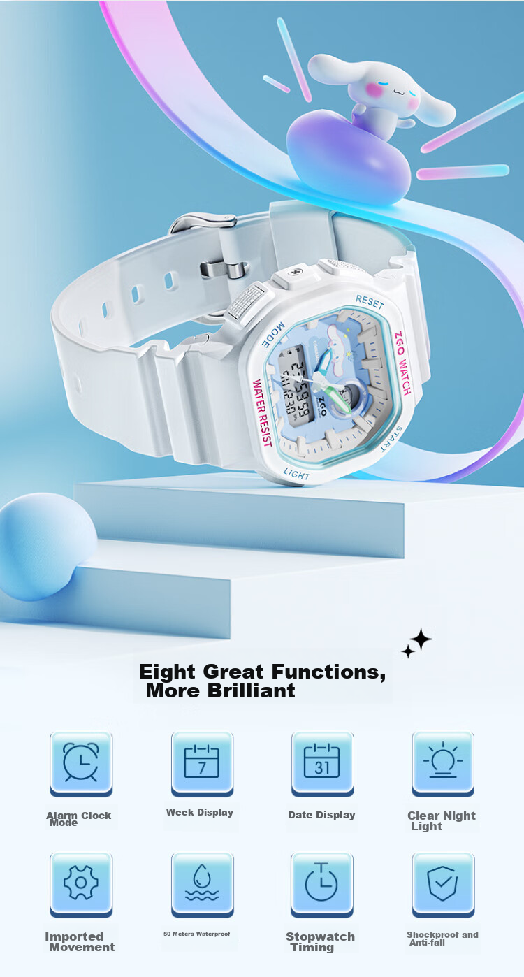 ZGO x Sanrio Student Watch for Girls, Electronic Sports Wristwatch for Middle and High School Students, High-Value Design, 810 Pudding Dog 4