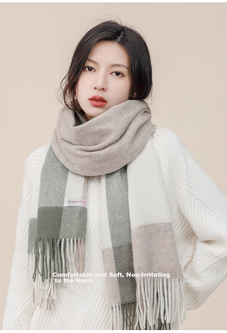 Hengyuanxiang 100% Wool Scarf for Women, Warm Autumn And Winter Neck Warmer, High-End Plaid Shawl, Birthday Gift for Girlfriend 3