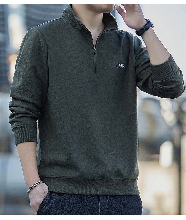 JEEP Men's Sweatshirt Spring Autumn Loose Stand Collar Long Sleeve T-Shirt Heavyweight Trendy Clothing Black L 15