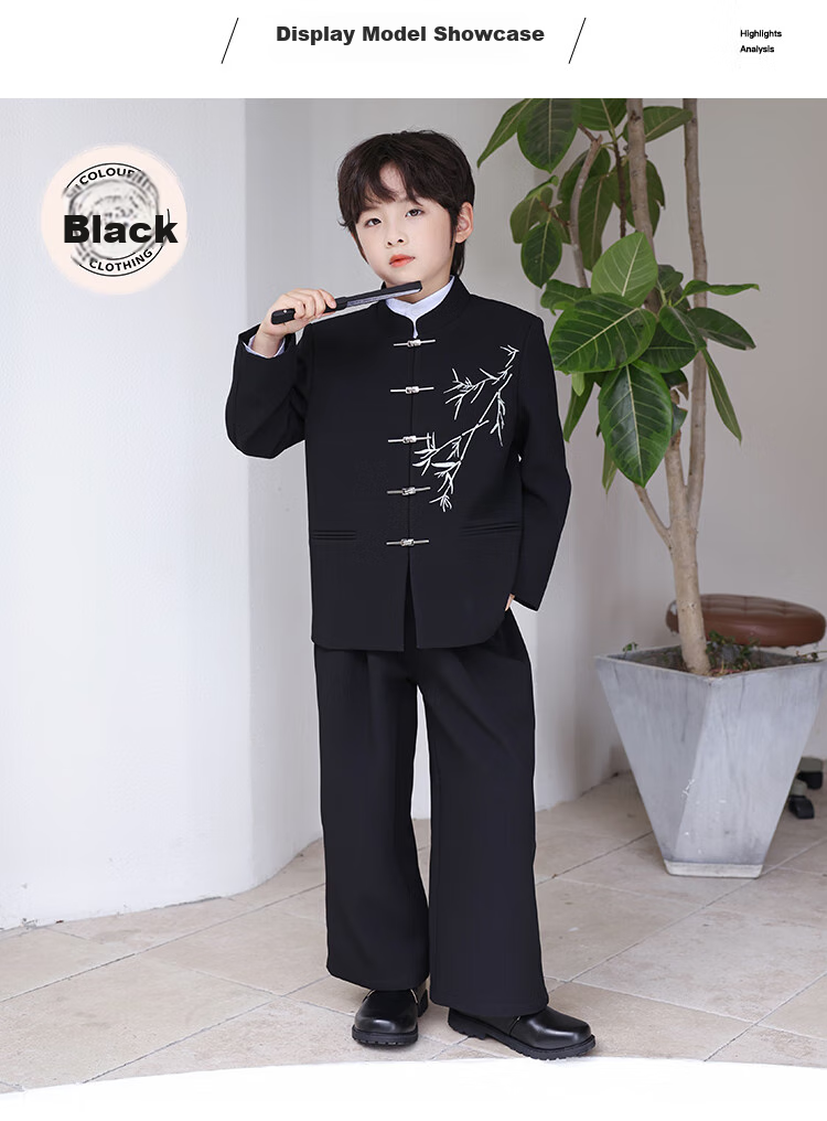 LUOBOBEIBEI Boys' New Chinese-Style Formal Wear, Ethnic Style Jacket, Children's National Style Tang Suit Performance Costume, Black Two-Piece Set, Size 140 11