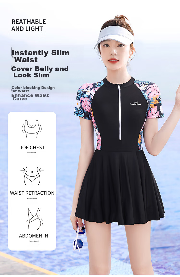 F.DYRAA Women's Swimsuit, Tummy Control, Slimming, Elegant, One-Piece Dress, Conservative Swimwear, Three-Piece Set, 12030 Black, 2XL 6