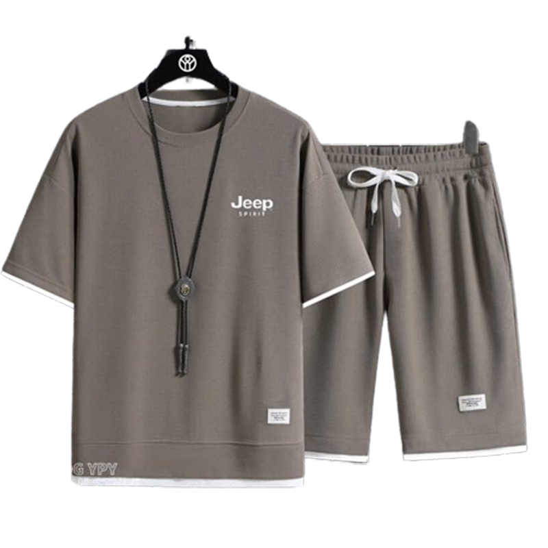 JEEP SPIRIT Summer Short-Sleeve T-Shirt for Men, Shorts, Running Sports Set, Casual Two-Piece Outfit, Gray, Size M