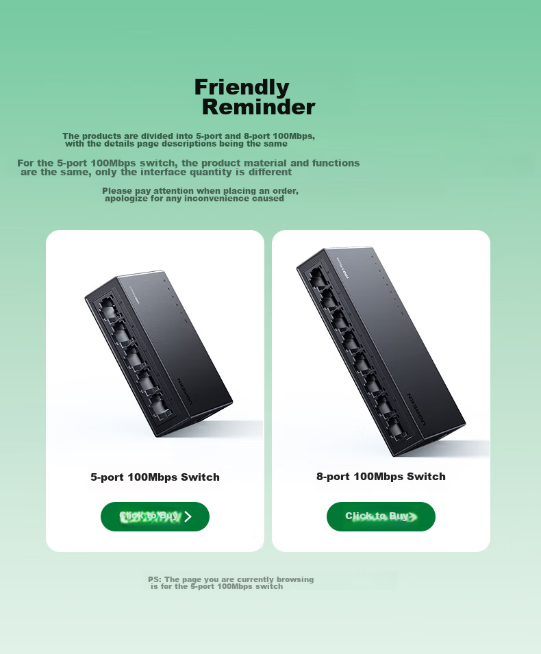 UGREEN 5-Port 100Mbps Switch, Home Dormitory Network Switch, 4-Port Surveillance Camera Network Cable Splitter Converter One-To Small HUB Splitter 35046 1