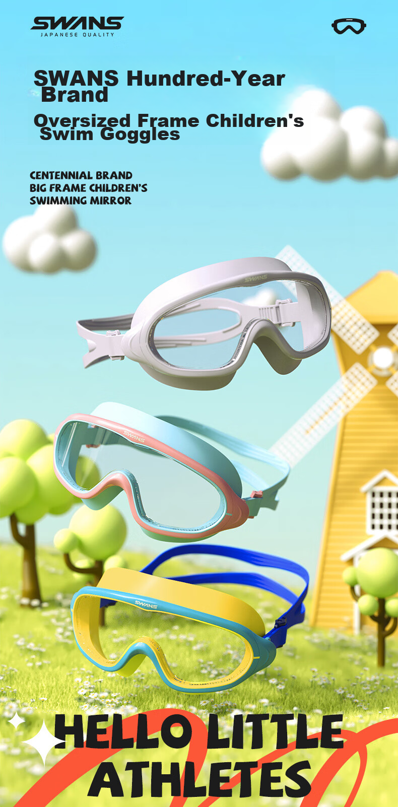 SWANS Children's Large Frame Swimming Goggles for Boys And Girls, High-Definition Vision, 3D Fit, Waterproof, Anti-Fog, Adjustable Swim Glasses, 121 Blue-Yellow 2