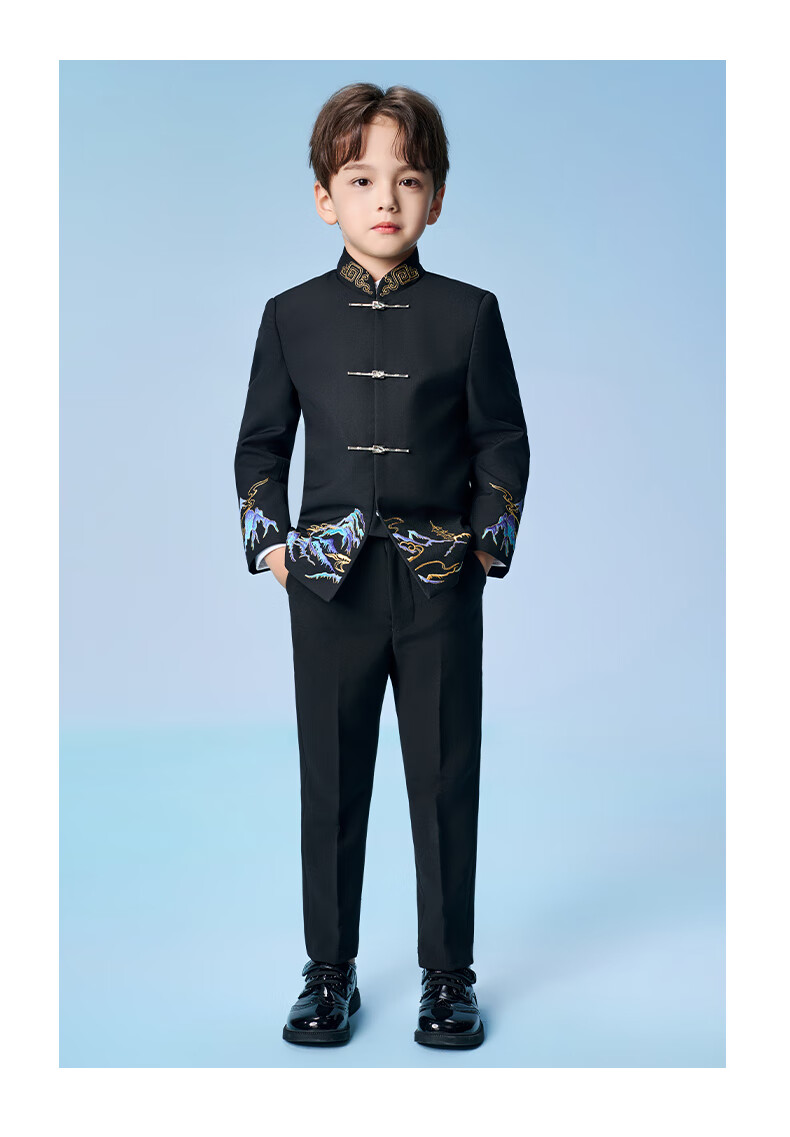 Romon Boys' Zhongshan Suit Set Traditional Chinese Style New Chinese Style Children's Host Performance Suit Black 170 15