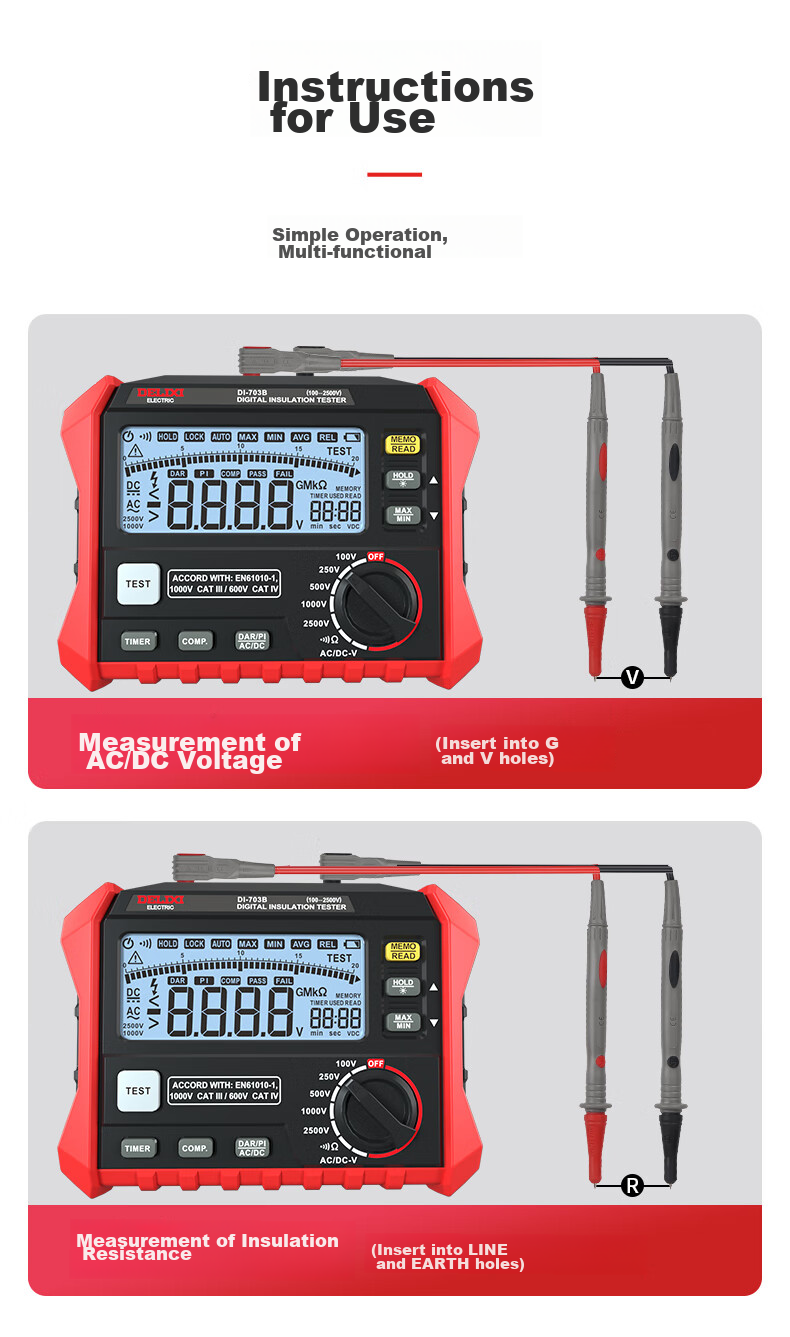 DELIXI ELECTRIC Digital Insulation Resistance Tester, Digital Megohmmeter, Electrical Insulation Meter, 703B 18
