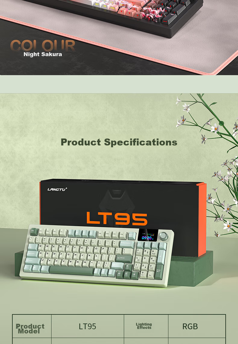 Langtu LT95 Mechanical Keyboard, Wired/wireless/Bluetooth Triple-Mode, 95-Key Gaming And Office Computer Keyboard with LCD Color Screen, RGB Lighting Effects, Green Micro Macaron Switches 27