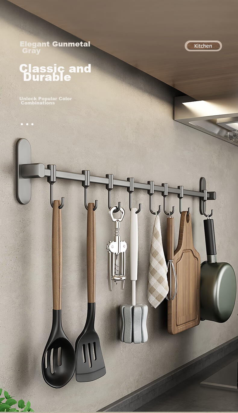 YOUQIN Kitchen Storage Rack Hooks, Wall-Mounted without Drilling, Multifunctional Hook Organizer, Pot Lid Rack, Stainless Steel Hanging Rod, Gunmetal Gray, 50cm 6
