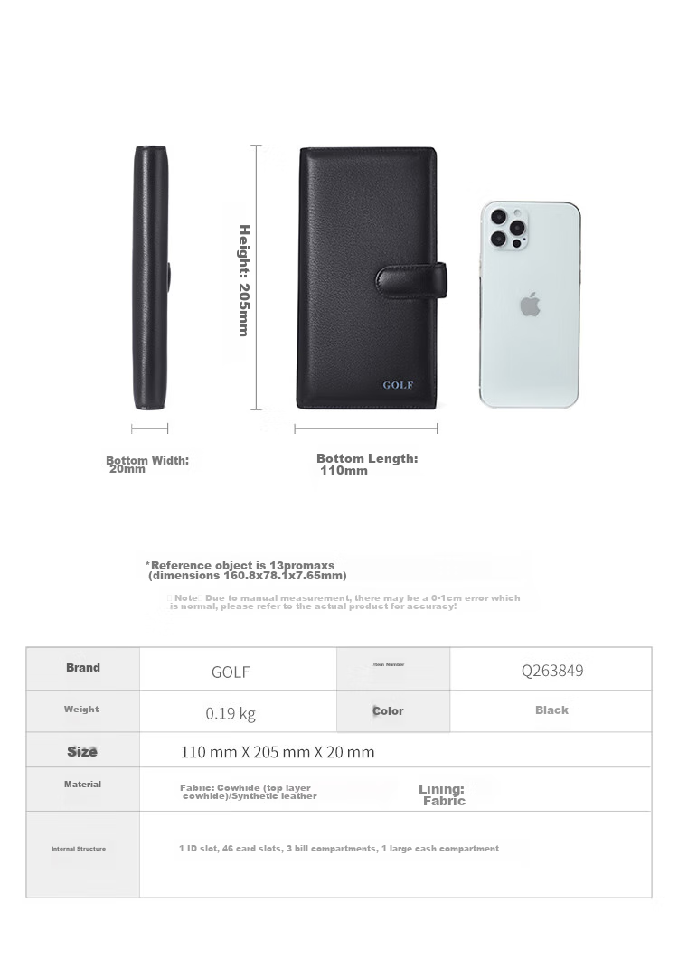 GOLF Card Holder for Men, Top-Grain Leather, Multi-Slot Large Capacity, Bank Card Pouch, Anti-Theft Long Wallet, ID Holder, Business Money Clip, 5V718394J Black 16