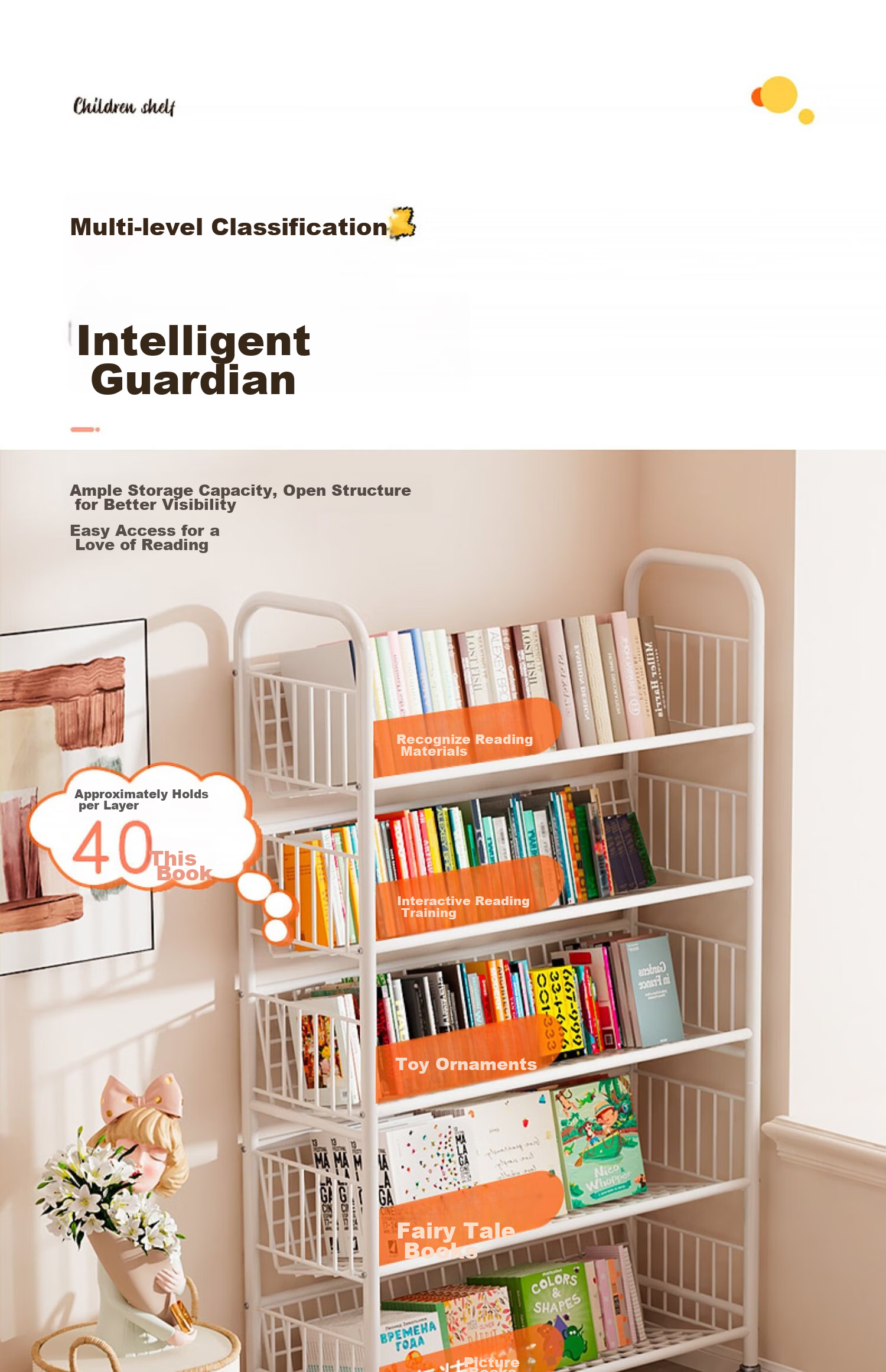 Milin Bookshelf Picture Book Rack Toy Storage Shelf Multi-layer Floor-standing Storage Rack Four Layers with Wheels 5
