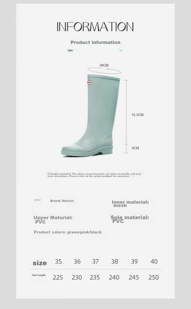 Warrior Rain Boots for Women, Fashionable Adult Tall Rain Boots, Water Shoes, Rubber Shoes, Overshoes, Water Boots HXLO33 Green 37 2