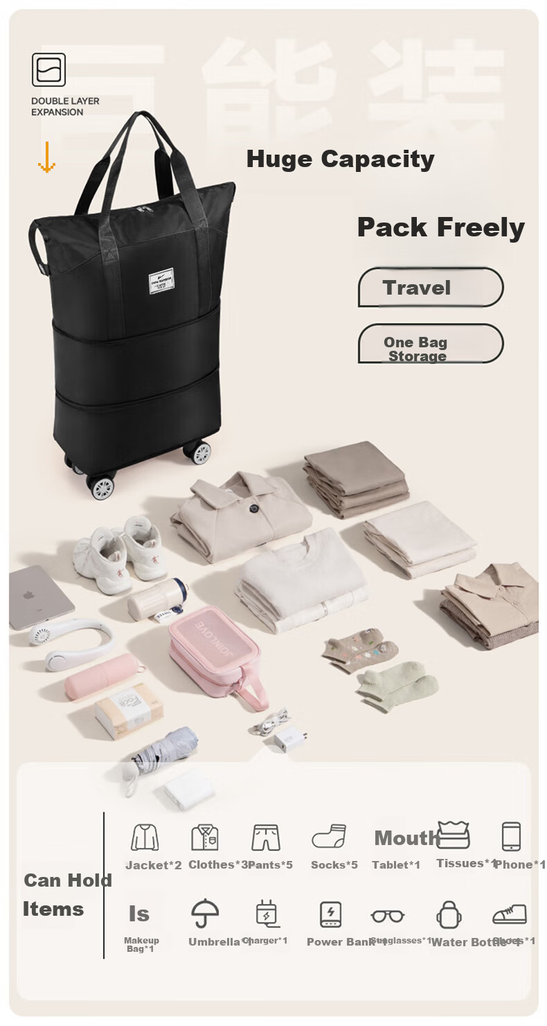 Huili Travel Bag, Large Capacity Luggage Bag for Men And Women, Lightweight Detachable Design with Universal Wheels, Expandable with Wheels, Portable And Carry-On Approved 5