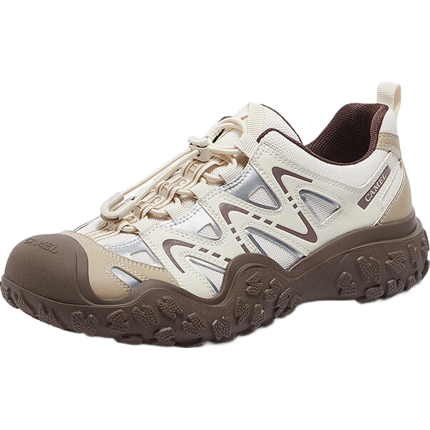 CAMEL Classic Ugly-Cute Shoes for Women, Fashionable Color-Block Outdoor Casual Shoes, L24S469647A, Beige/silver/coffee, Size 35