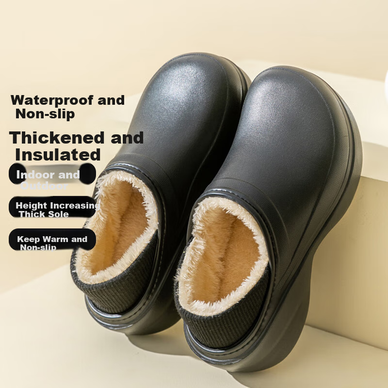 GUOLUOFEI Thick Cotton Slippers with Heel, Women's Autumn And Winter Warm Indoor Waterproof Non-Slip Outdoor Wear, Black, Size 36-37