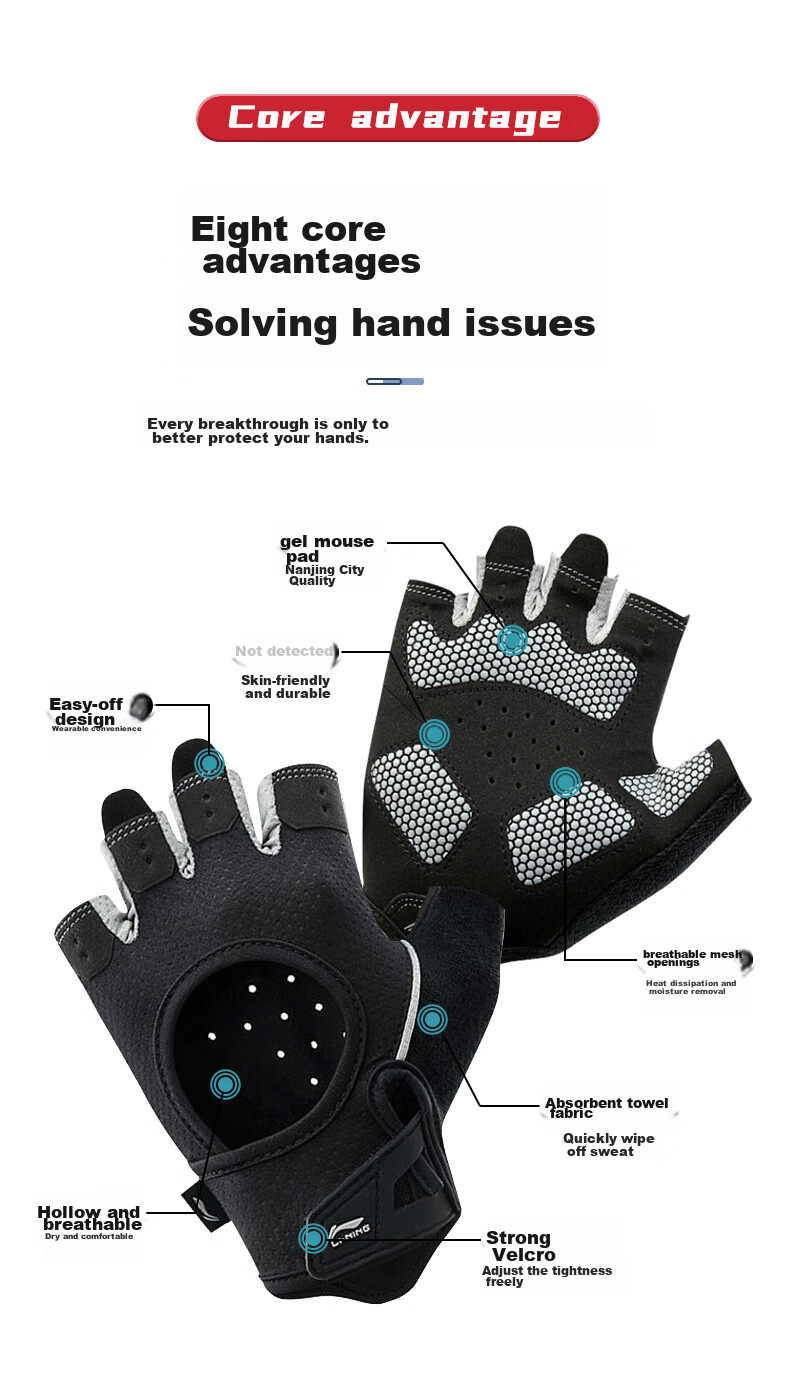 Li-Ning Fitness Gloves for Men And Women, Cycling Sports Non-Slip Weightlifting Wrist Guards, Pull-Up Bar Anti-Callus Fingerless Gloves 5