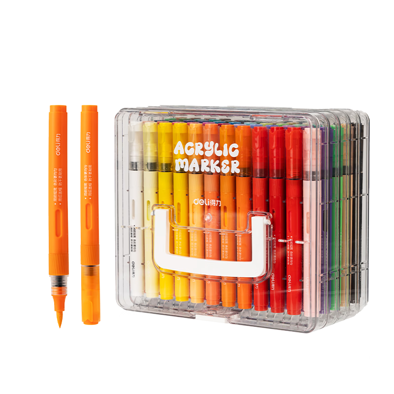 Deli 60-Color Direct Liquid Acrylic Markers with Soft Tips, Washable, High Coverage, Non-Bleeding, Student Fluorescent Watercolor Pens, Layered Box Gift, Handwritten Report Graffiti HM335/HM395