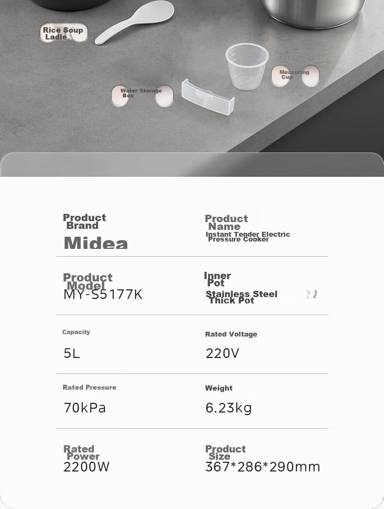 Midea 0 Coating Electric Pressure Cooker, 5L Large Capacity, Home Use, Quick Tendering Sensation, Dual Inner Pot, IH Fully Automatic Intelligent Reservation, Soup Cooking, Rice Cooking, Electric Rice Cooker, High-Pressure Cooker S5177K 20