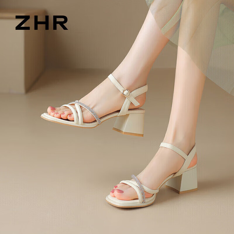 ZHR Chunky Heel Sandals for Women, Summer Elegant Rhinestone Single-Strap Women's Shoes, Versatile Square-Toe Women's Footwear, JF15, Beige, Size 38