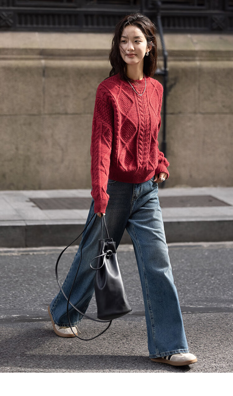 Dme [Romantic Red Knit Sweater], Spring And Autumn Round Neck Pullover Cable Knit Long-Sleeve Warm Sweater for Wome 13