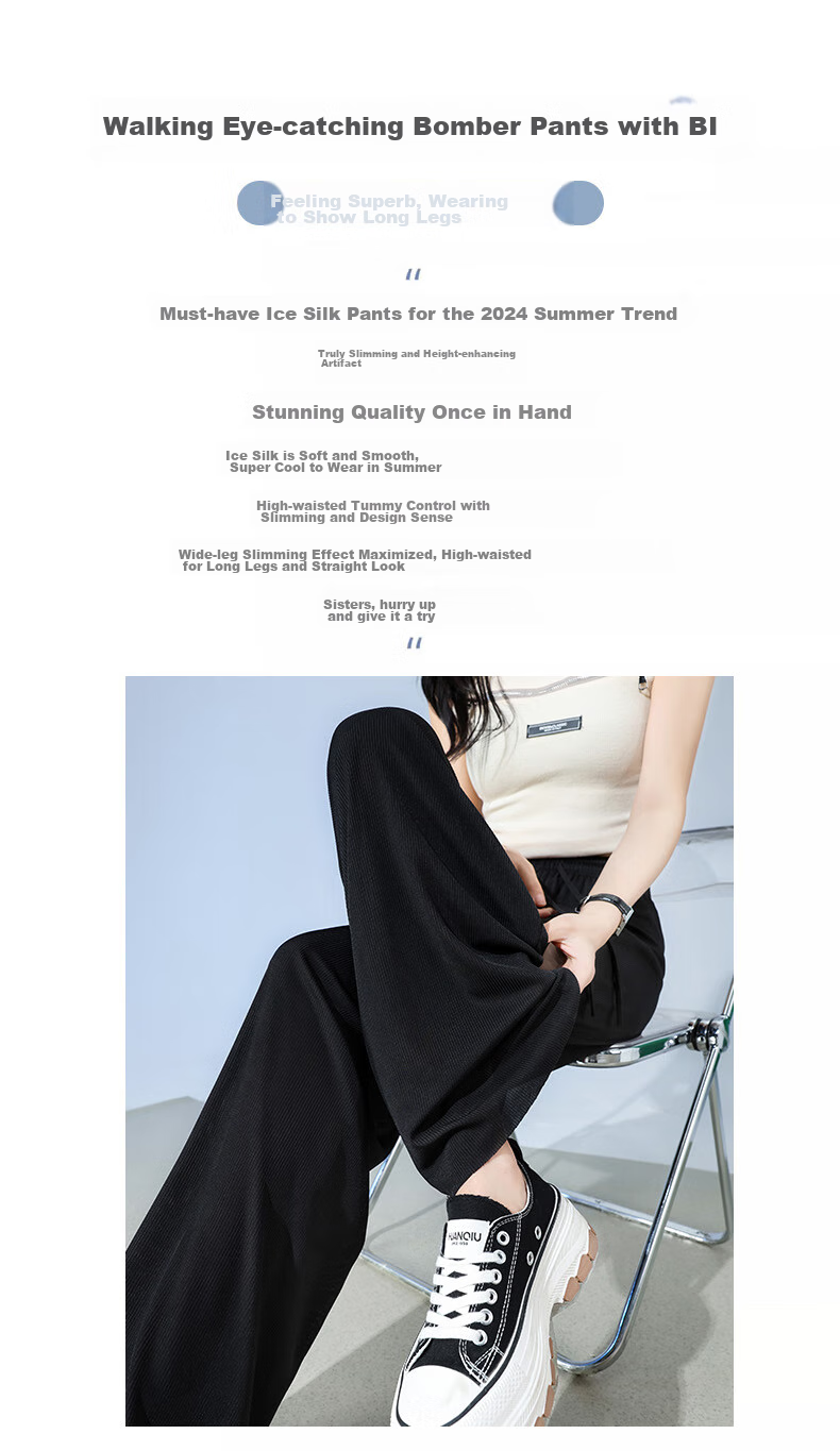 FitonTon Ice Silk Wide-Leg Pants for Women, Summer Lightweight High-Waist Draping Trousers, Loose Straight Casual Floor-Length Pants, Black, Size S 2