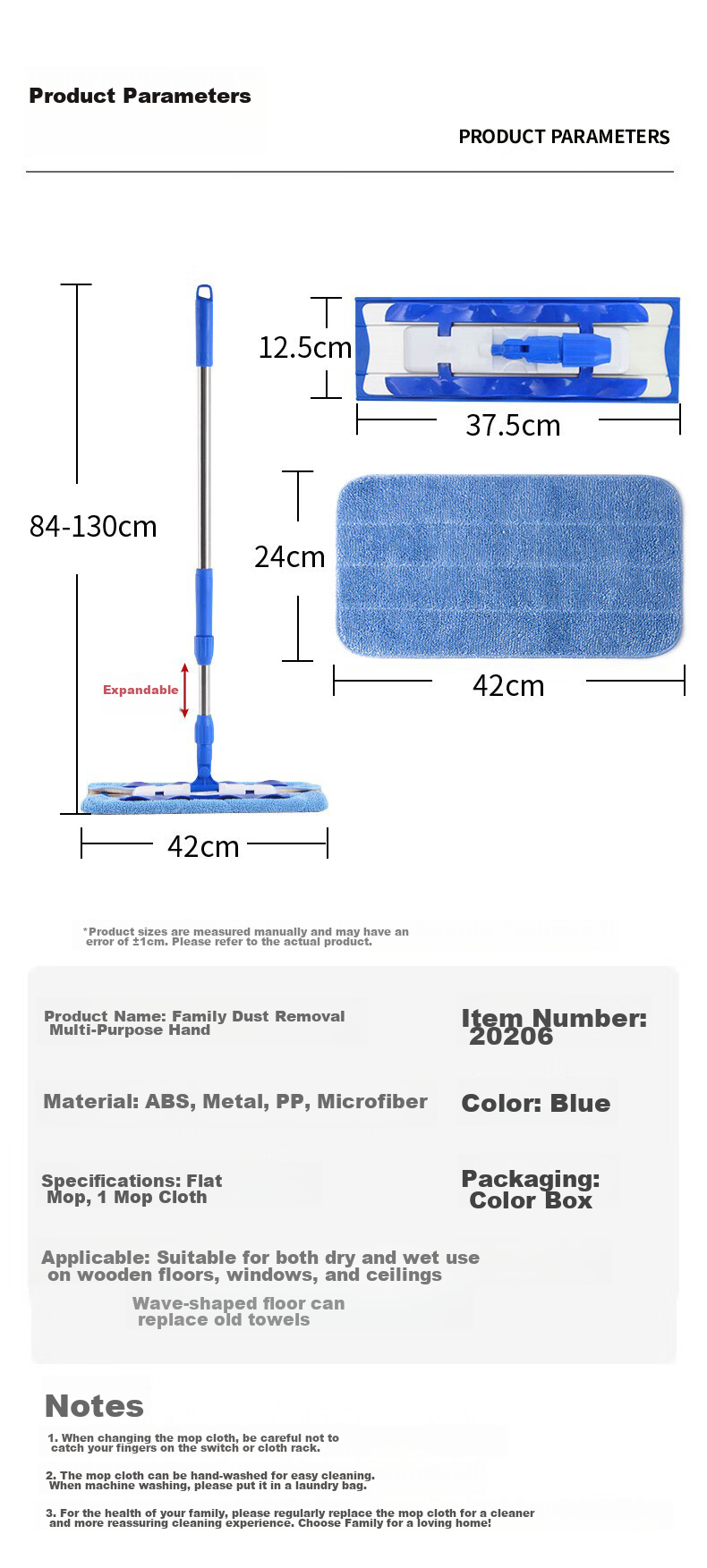 MR.SIGA Flat Mop, 42CM with 2 Cloths, 135CM Stainless Steel Handle, No-Hand Thickened Absorbent Mop Cloth 20