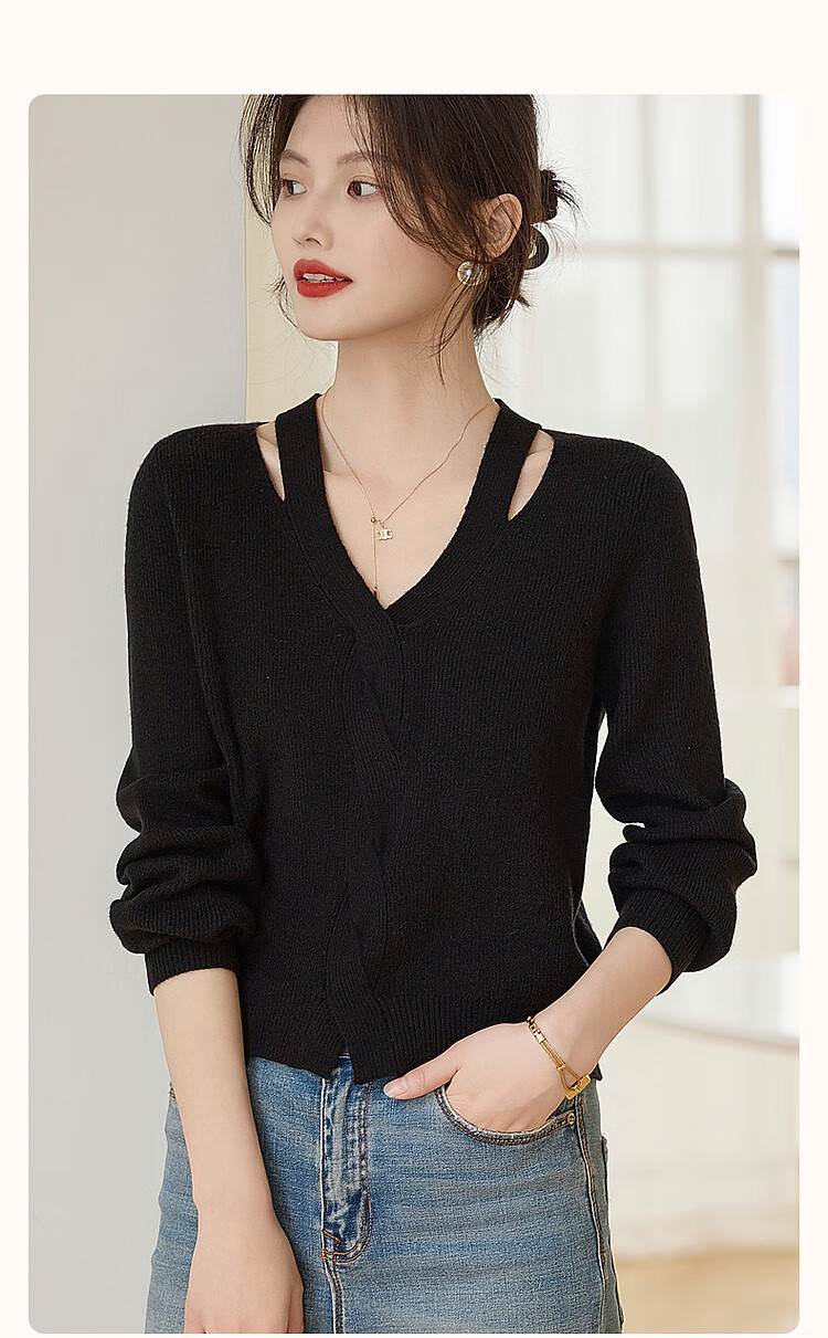 Dme Elegant Petite Woman Spring Autumn Sexy Hollow Out Cable Knit V-Neck Slim Yarn Sweater Top for Women 2